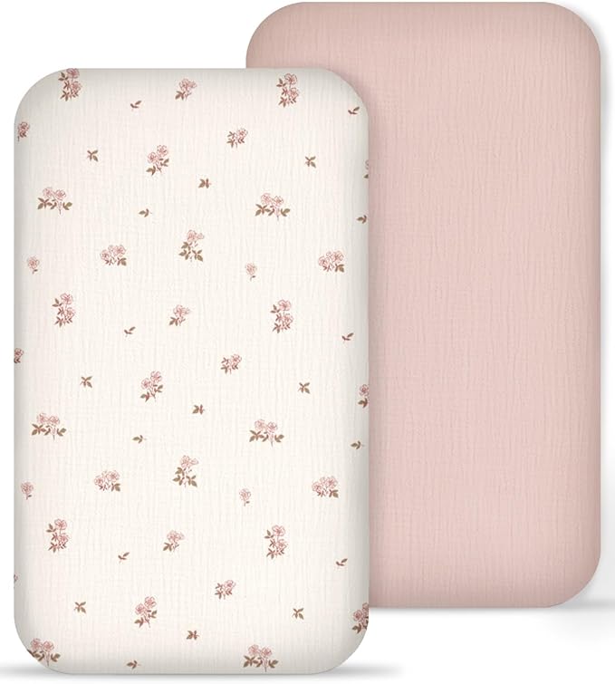 Muslin Bedside Bassinet Sheets 2 Pack, 33x20 Fitted Ultra Soft & Breathable Bedside Sleeper Sheets, Ideal for Baby Girl and Boy, Perfect for Newborns (Vintage Blossom & Pink)