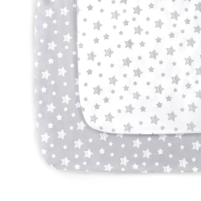 Pack and Play Sheets, 2 Pack Mini Crib Sheets, Stretchy Playard Fitted Sheet, Compatible with Graco Pack n Play, Soft and Breathable Material, Grey & White