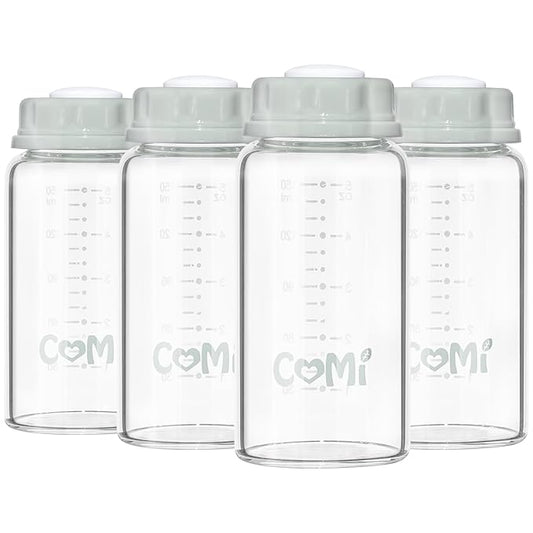 COMI Natural Glass Baby Bottle,Standard Neck Breastmilk Storage Bottle for Fridge,Breast Milk Container,Breast Pump Bottle Compatible with Medela Breast Pump,BPA Free,4PCS (5oz,4 Gray Lids)