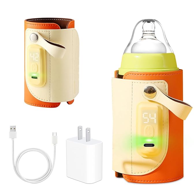 Baby Bottle Warmer – Portable Milk Warmer with 5 Adjustable Temperature Levels, LED Display & Fast Charging, Bottle Insulation Cover for Travel, Car & Outdoor Use
