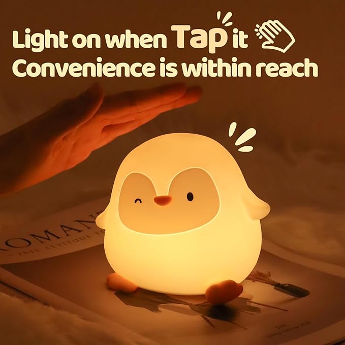 Penguin Silicone Night Light for Kids - Squishy LED Lamp with Soft Touch, USB Rechargeable & Long Battery - Cute Winter Animal Decor for Nursery & Gifts