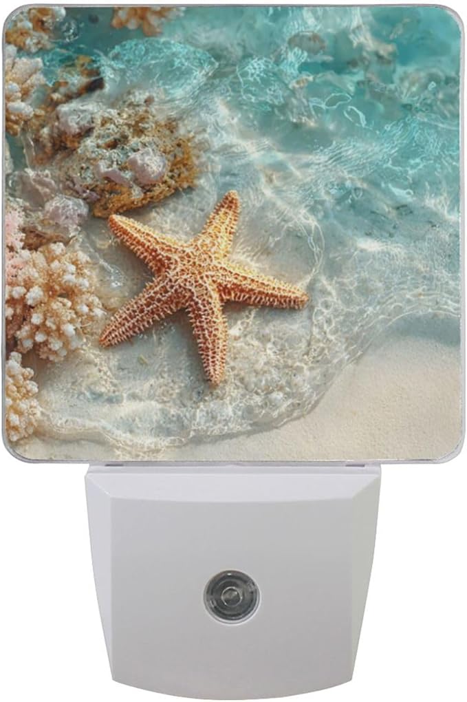 Aslsiy Night Light for Kids Starfish and Coral Summer Beach Sea (1) Plug in Wall Lamp LED Dusk to Dawn Sensor Energy Saving Nightlight for Boys Girls Men Women