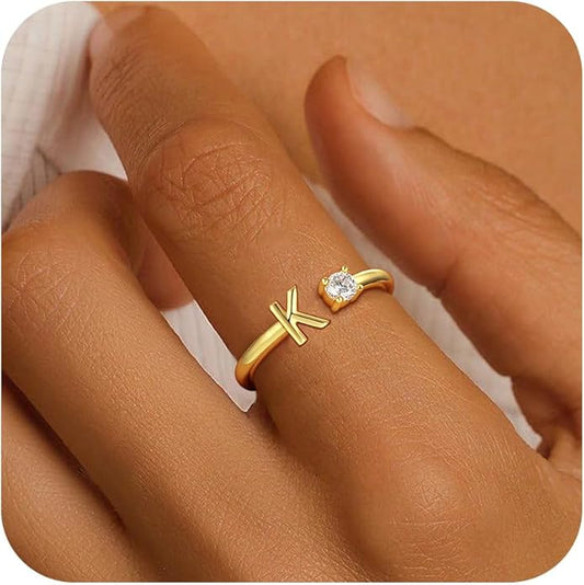 Gold Initial Rings for Women Girls, 14K Gold Plated Adjustable Initial Rings Teen Girl Gifts Trendy Stuff Letter Ring Birthday Gifts for Teenage Girls Non Tarnish