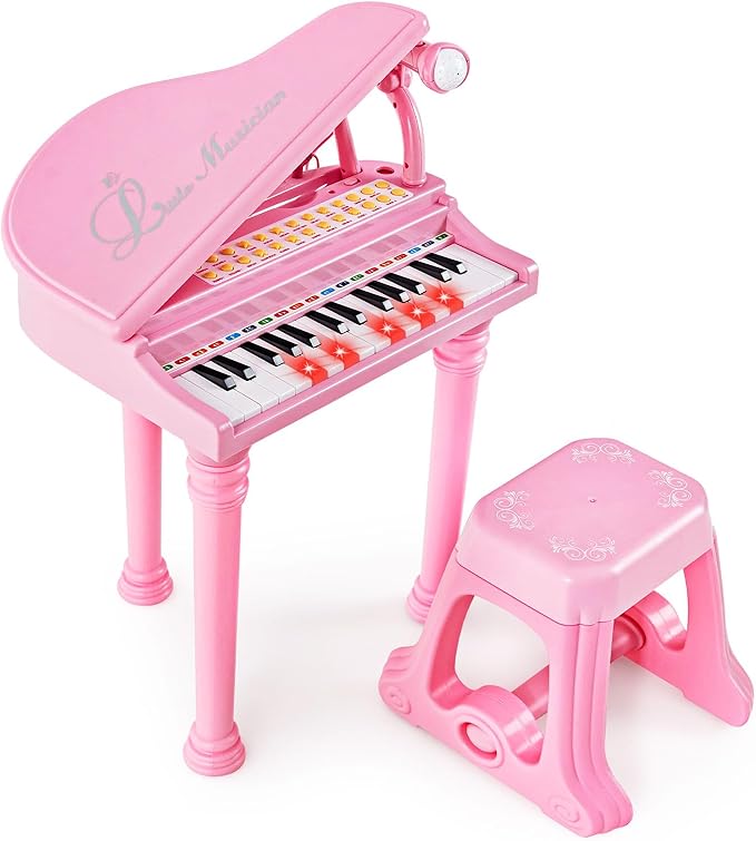 Costzon Kids Piano, 31 Key Mini Grand Piano Toy Keyboard with Microphone, Stool & Lights, Portable Electronic Piano Educational Musical Instrument Toy, Birthday Gift for Toddler Boys Girls (Pink)