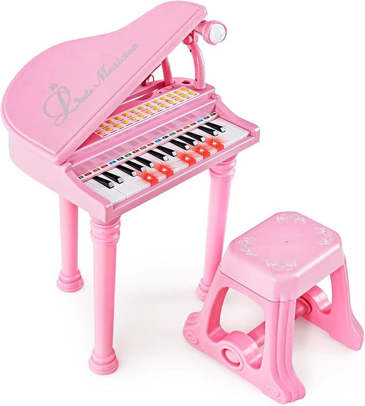 Costzon Kids Piano, 31 Key Mini Grand Piano Toy Keyboard with Microphone, Stool & Lights, Portable Electronic Piano Educational Musical Instrument Toy, Birthday Gift for Toddler Boys Girls (Pink)