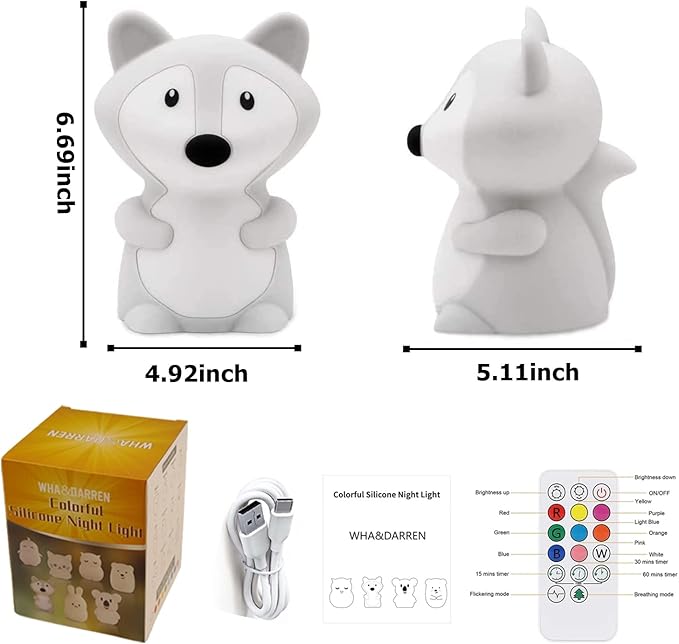 WHA&DARREN Large Fox Night Light for Kids,Cute Baby Night Light, Silicone Bedside Lamp,Sleep LED Lights Desk Light, Eye Caring, Adjustable Brightness & Color, Time Setting
