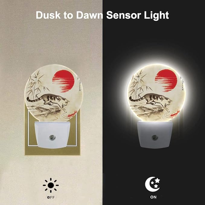 EKOBLA Fish in Pond LED Night Light Red Sun Bamboo Branch Cute Cat Play with Fish Dusk to Dawn Plug-in Nightlights Auto Sensor for Home Indoor Bathroom Hallway Kitchen