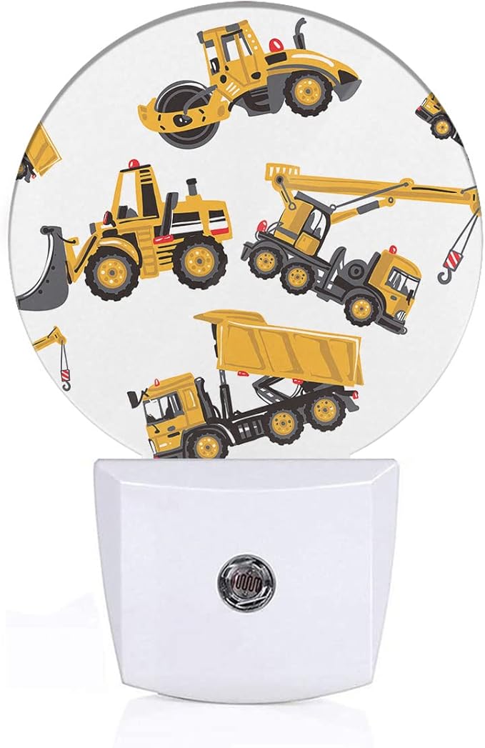 EKOBLA Yellow Cartoon Trucks Night Light Excavator Bulldozer Loader Building Machine Night Lights Plug into Wall for Teen Boys Bathroom Bedroom 0.5W Sleep Friendly