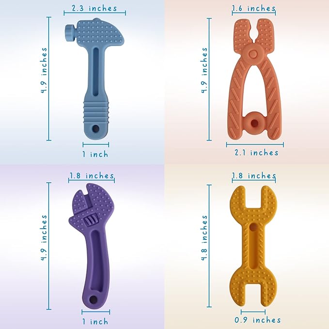 Fu Store 4 Pack Soft Silicone Teething Toys for 0-12Months 6-24 Months Toddlers Infant Hammer Tools Shape Baby Teethers Relief Soothe Babies Gums Set