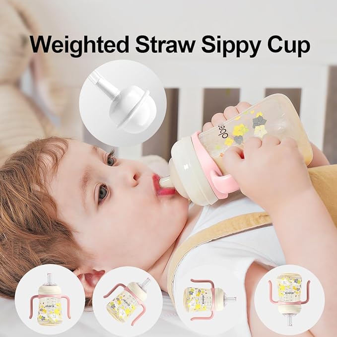 No Spill Sippy Cups,Weighted Straw Toddler Water Bottle with Handle,Spill Proof Toddler Cup with 2 Nipple for Baby 6-12 Months and Toddlers 1-3 (PP, 8 Ounce, Pink, 1 Pack)