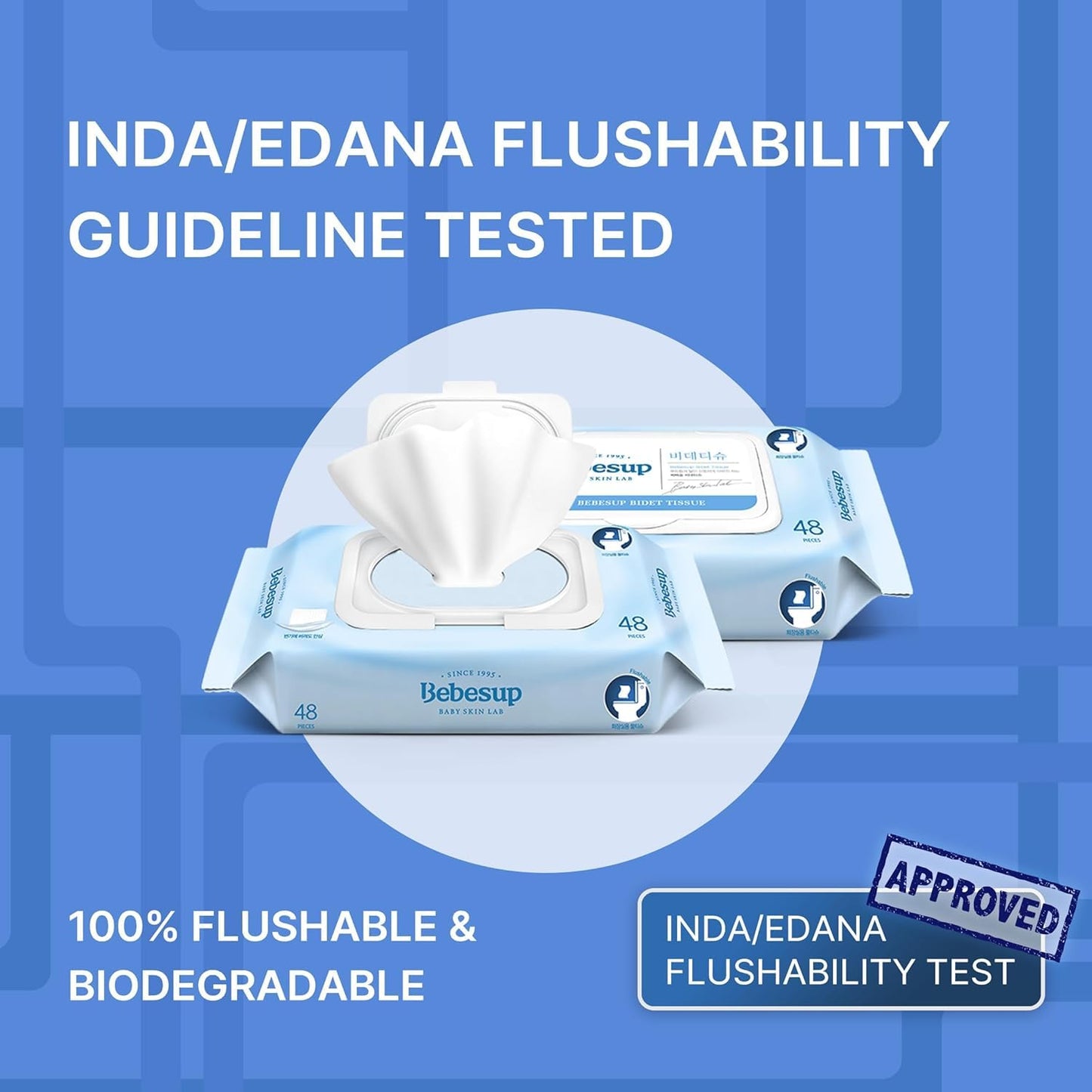 BEBESUP- Korea’s #1 Flushable Wipes- 100% Plant-Based Hypoallergenic Biodegradable 99% Water-Based Extra-Thick Organic Wipes Unscented for sensitive skin Flip-Top (48 Count 1 Pack)