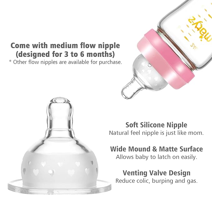 Matyz 8 Ounce Glass Baby Feeding Bottle With Nipple - Light and Slim, Easy to Hold and Clean - Food Grade Borosilicate Glass, Wide Neck for Breastmilk Feeding, No BPA (Pink Lids)