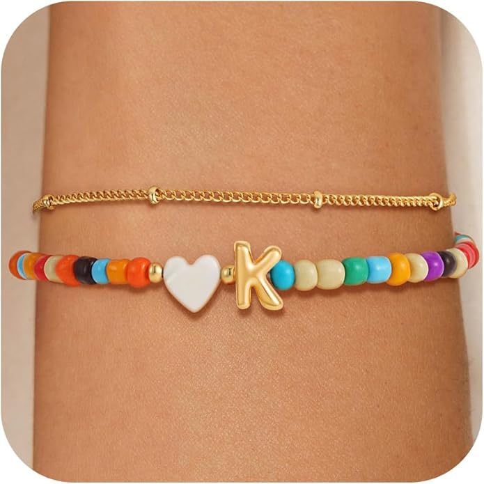 Colorful Initial Bracelets for Women Girls - 14K Gold Plated Heart Initial Letter Daint A-Z Charm Bracelet Summer Jewelry Teen Girl Gifts for Teen Kids