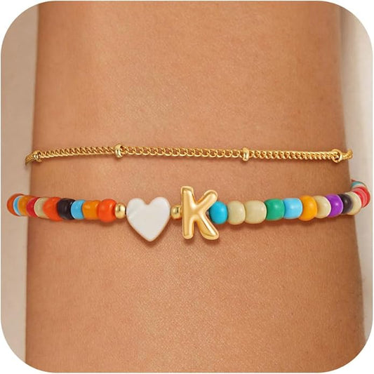 Colorful Initial Bracelets for Women Girls - 14K Gold Plated Heart Initial Letter Daint A-Z Charm Bracelet Summer Jewelry Teen Girl Gifts for Teen Kids