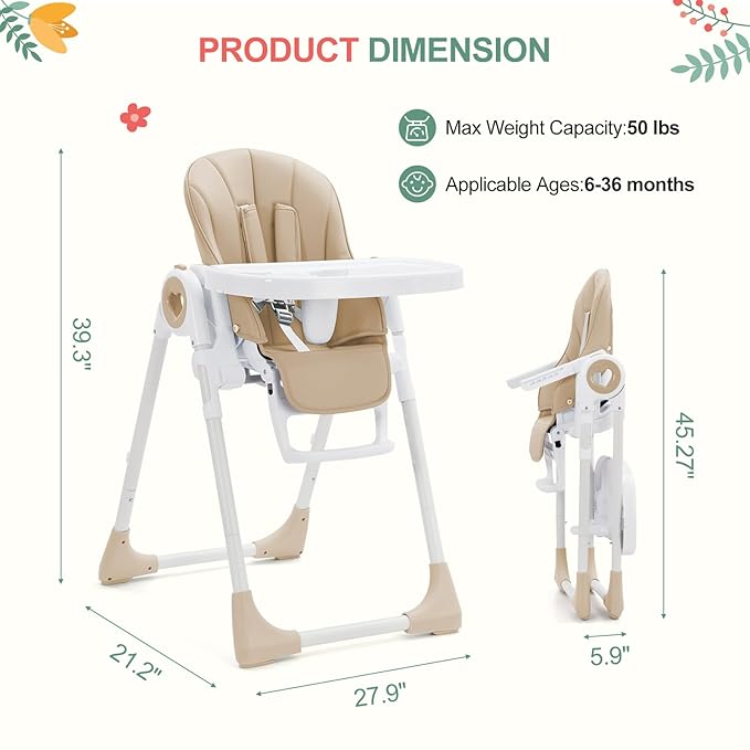 Foldable High Chairs for Babies and Toddlers, Adjustable Infant Baby Chair with Removable Tray and Non-Slip Foot Pads, Highchair for Children Aged 6 to 36 Months, Champagne