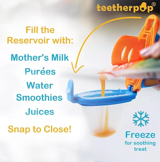 Teetherpop Fillable Silicone Teether for Babies – Breastmilk Popsicle Molds for Teething with Spill-Proof Sippy Slits – Freezable Baby Teethers for Liquids & Purées - Cool Teething Relief (BlueOrange)