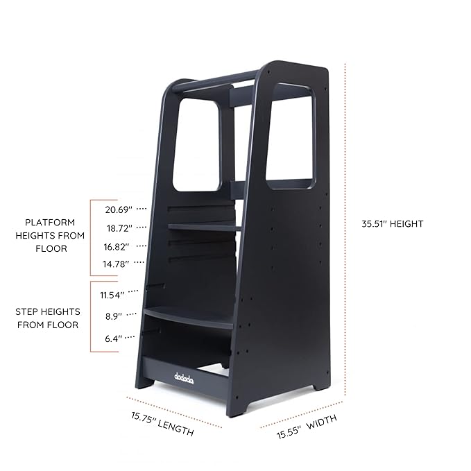 dadada Baby Montessori Toddler Tower - Adjustable Kitchen Step Stool for Kids with Safety Rail - Baby-Safe Finish, Encourages Cooking Skills and Independence - Graphite