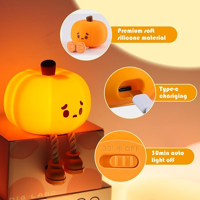 YISUN Pumpkin Night Light, Cute Silicone Nightlight for Baby Toddler, Rechargeable LED Nursery Lamp with Timer, 3 Level Dimmable Soft Squishy Night Lamp Gift for Bedroom Kids Room Decor