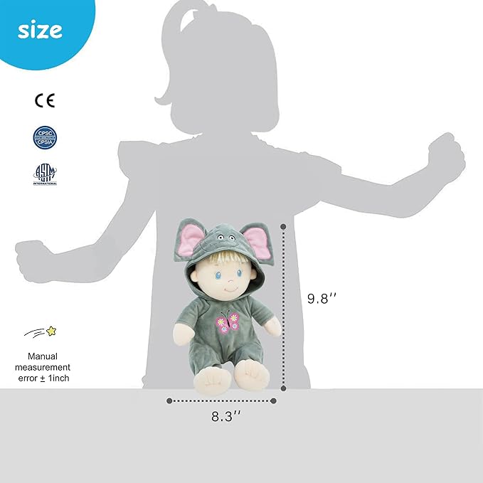 June Garden 12" Sweet Dolly Jacqueline - Stuffed Ultra Soft Baby Elephant Doll for Birth and Up - Removable Grey Outfit