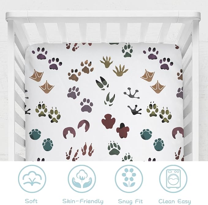 Cute Animals Tracks Baby Crib Sheets 52''x28'' Animals Footprint Snug Fitted Crib Mattress Cover for Boy Girl Wild Animals Soft Baby Bed Sheets for Standard Crib and Toddler Mattresses