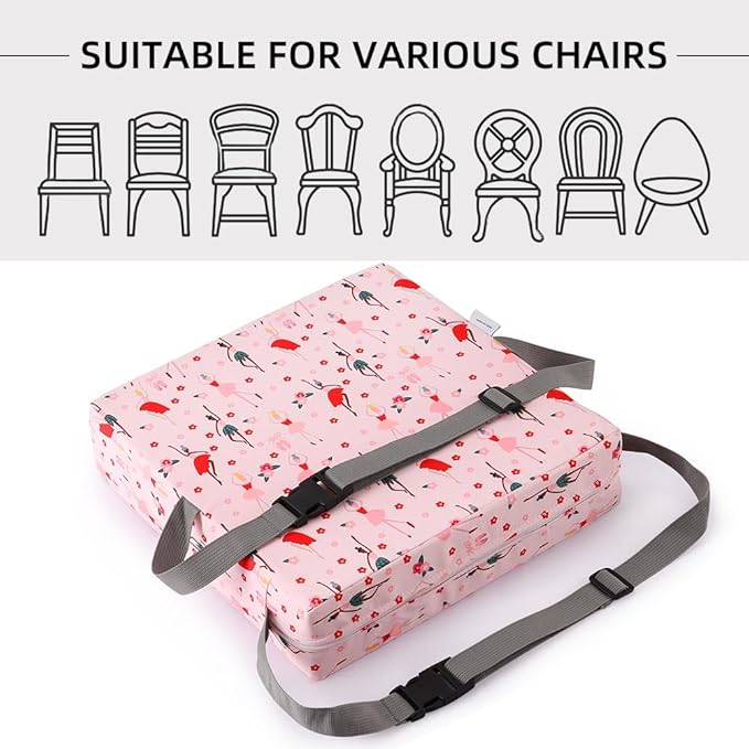 Zicac Portable Toddler Booster Seat for Dining Table, Safer Non-Slip Kids Booster Seat with Double Adjustable Straps, Washable Detachable Strong Support Increasing Cushion for Child (Pink)
