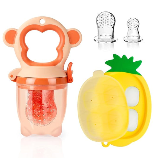 Baby Fruit Food Feeder - Silicone Nibble Tray Combo - Breastmilk Popsicle Mold for Cooling Relief, BPA Free Mesh Feeder for Infant Self Feeding (Monkey Orange + Pineapple)