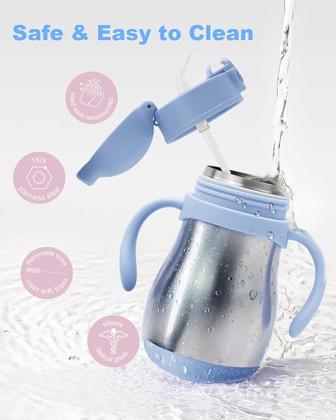 Stainless Steel Straw Sippy Cup for Toddlers 1-3 Years Old, Insulated Toddler Water Bottle Baby Training Tumbler with Handles, 8oz Kids Straw Cups for Travel, Daycare & At Home, Blue