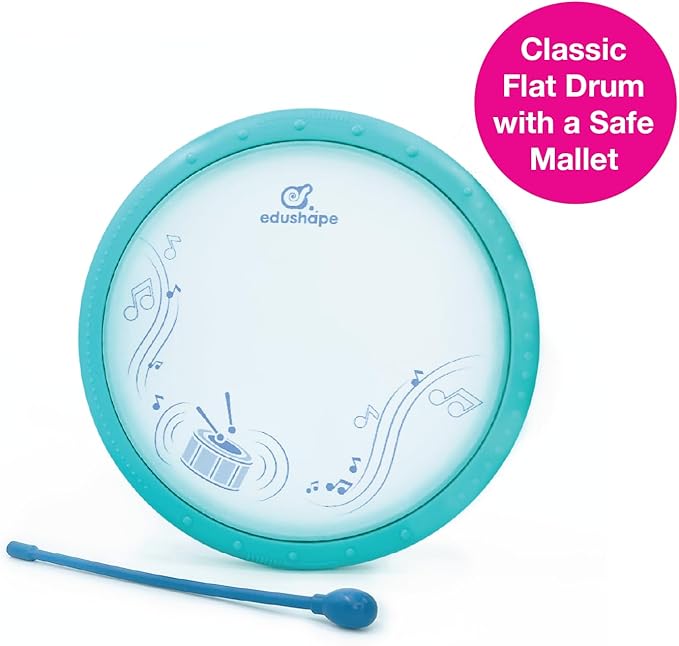 Edushape Classic Flat Drum for Baby with Easy-Grip Mallet - Set of 1 Blue Color Baby Drum Toy for Toddlers, 2-Year Old and Up - Small Drums Musical Toy for Babies, Fun Tummy Time, Sensory Development