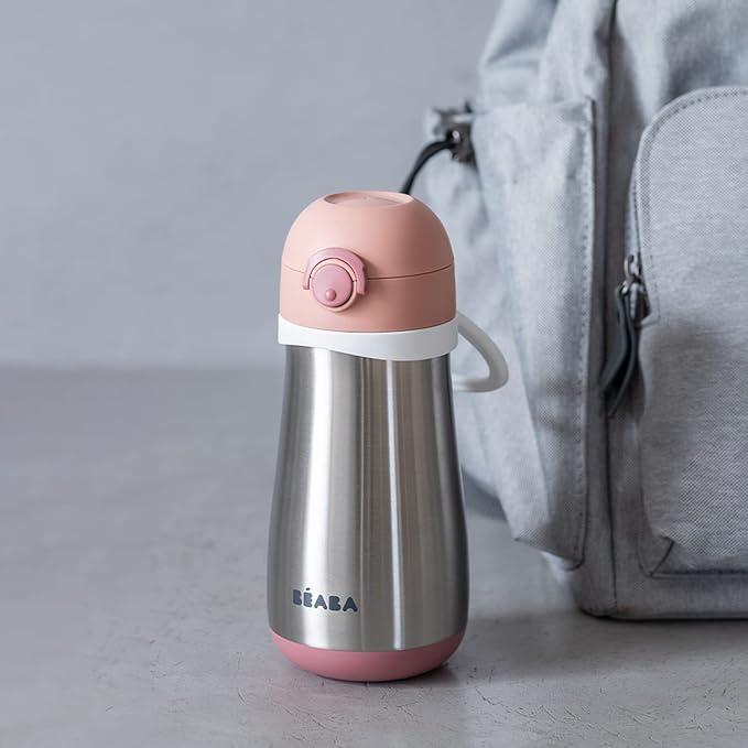 BEABA Kids Stainless Steel Insulated Water Bottle, Kids Water Bottle, Toddler Thermos with Spill Proof Spout and Close Top, Perfect for Travel, (Rose)