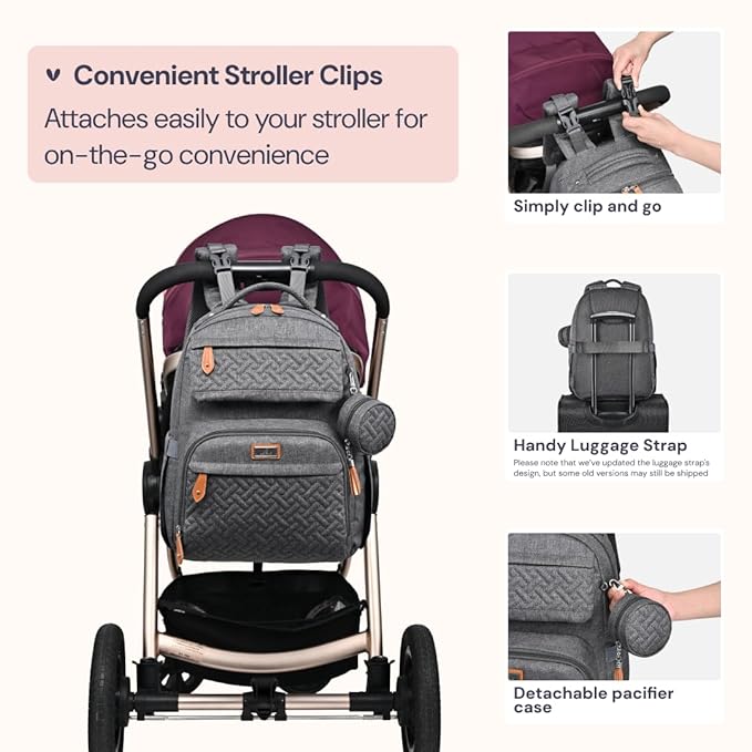 BabbleRoo Diaper Bag Backpack, Travel Backpack with Changing Pad, Pacifier Case & Stroller Straps, Multifunction, Waterproof, Unisex - Dark Gray