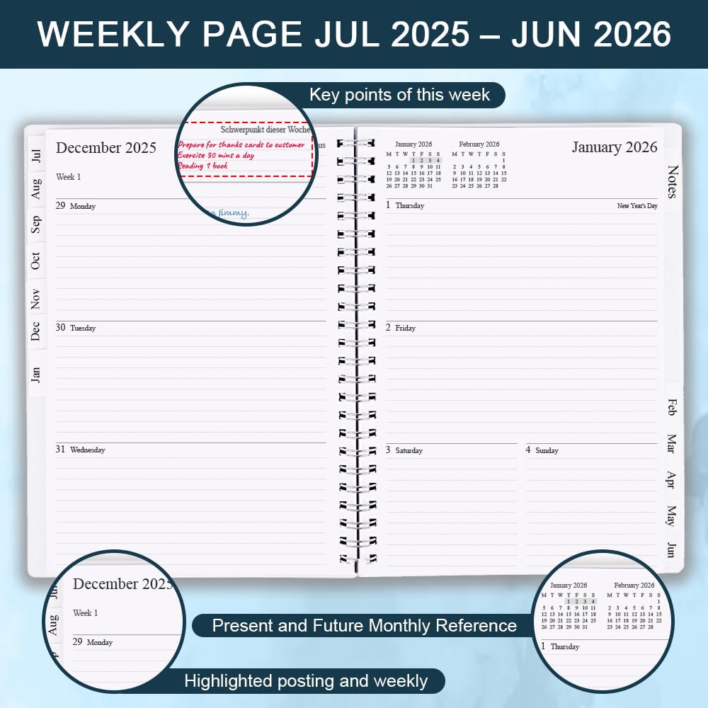 2025-2026 Planner - Weekly & Monthly Planner Runs Jul 2025 to Jun 2026, 6.25" x 8.25", 12 Monthly Tabs, 14 Notes Page, Plastic Pocket, Flexible Cover with Twin-Wire Binding, Planners 2025-2026