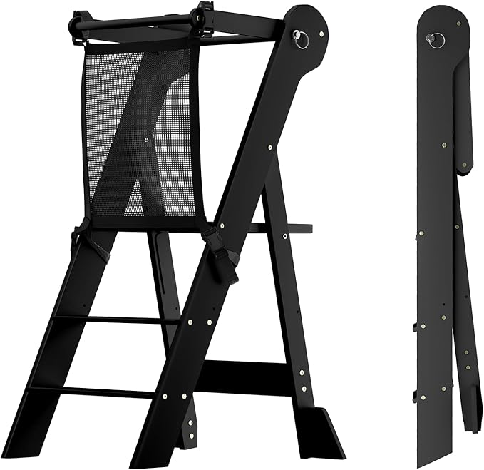 COSYLAND Foldable Toddler Kitchen Stool Helper - Height Adjustable Standing Tower for Bathroom Sink or Kitchen Counter - Step Stool for Toddlers Ages 18 Months to 6 Years Black