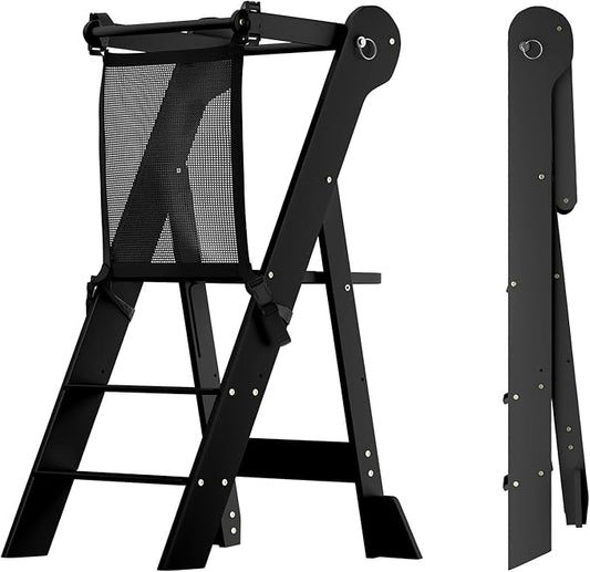 COSYLAND Foldable Toddler Kitchen Stool Helper - Height Adjustable Standing Tower for Bathroom Sink or Kitchen Counter - Step Stool for Toddlers Ages 18 Months to 6 Years Black