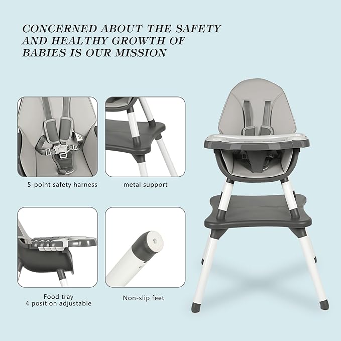 Baby Highchair,6 in 1 High Chairs for Babies and Toddler Baby Feeding Chair Coverts to HighChair for Babies, Kids Learning Table,Building Block Table,Kids Stool Removable Tray & Safety Harness(Gray)