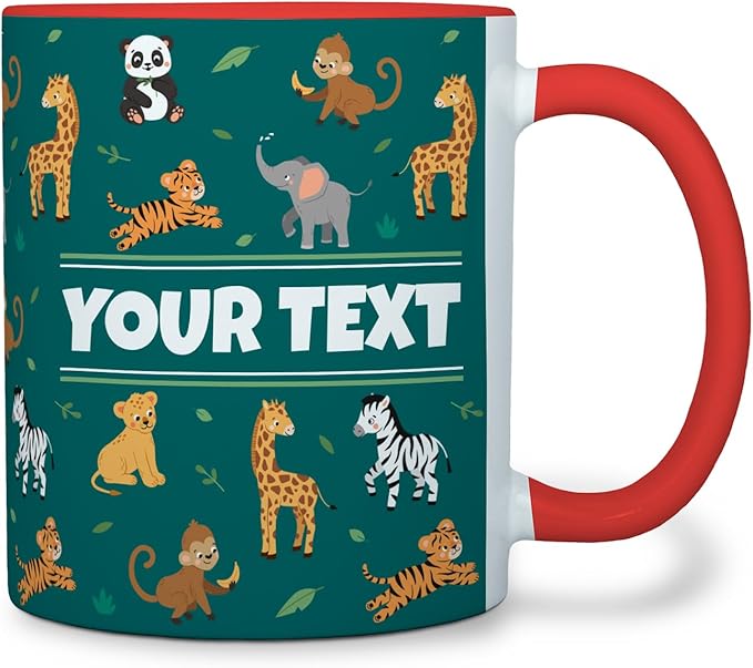 Personalized Mug for Kids - Zoo Animals - Custom Name/Text, Ceramic Hot Chocolate/Cocoa/Coffee Cup for Boys/Girls, Birthday/Christmas/Holiday Gift - 11 oz, Red Handle