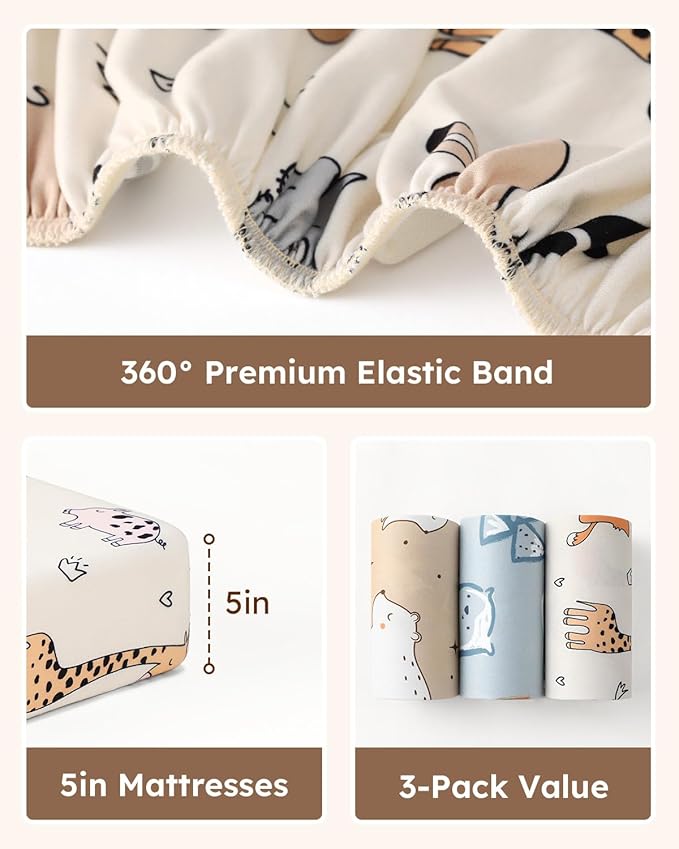 Pack and Play Sheets Fitted 3 Pack, Mini Crib Sheets for Pack N Play Mattress Stretchy Portable Playard Sheets, Soft Breathable Blue & Apricot Bear