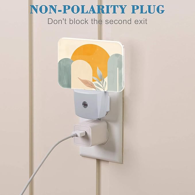 Boho Sun and Leaves Night Light Plug into Wall, Bohemian Abstract Art Night Light with Dusk to Dawn Sensor for Kid Girls Boys Women Men Room, Hallway, Kitchen, Bathroom, Stairs Decor