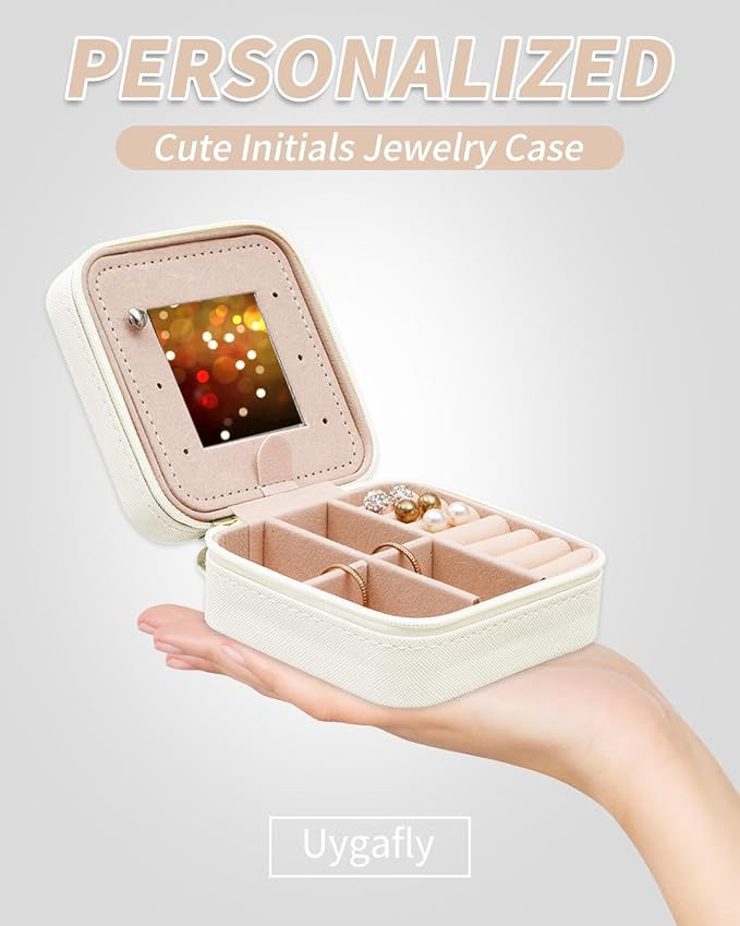 Travel Jewelry Case - Personalized Jewelry Box for Women,Small Cute Jewelry Organizer Storage Aesthetic,Travel Essentials Birthday Gifts | Cream,S