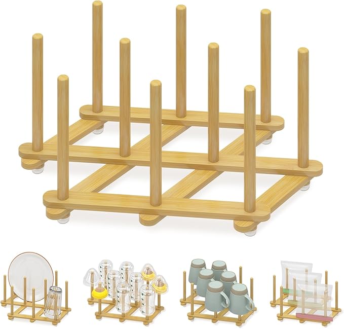 EsLuker.ly Baby Bottle Drying Rack Bamboo Vertical Dryer Holder, Foldable Space Saving for 10 Milk Glass Bottle Countertop, Wooden Drain Stand Shelf for New Parents