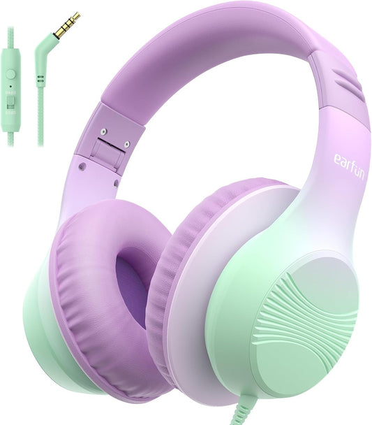 EarFun K3 Kids Headphones, Over Ear Headphones with Microphones, 85/94dB Volume Limit, HD Stereo Sound, Foldable Wired Headphone for School/Travel/Boys/Girls/Tablet/iPad (3.5mm Plug with Mic, Violet)