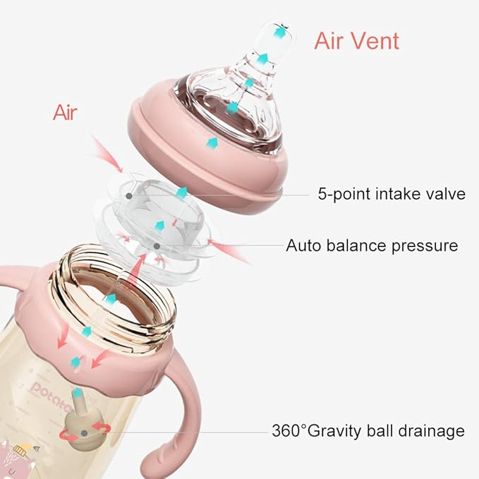 POTATO Baby Bottles PPSU Baby Feeding Bottle 10 oz Anti-Colic Bottles with Silicone Nipples Breastfeeding Bottles for Babies & Toddlers - Pink