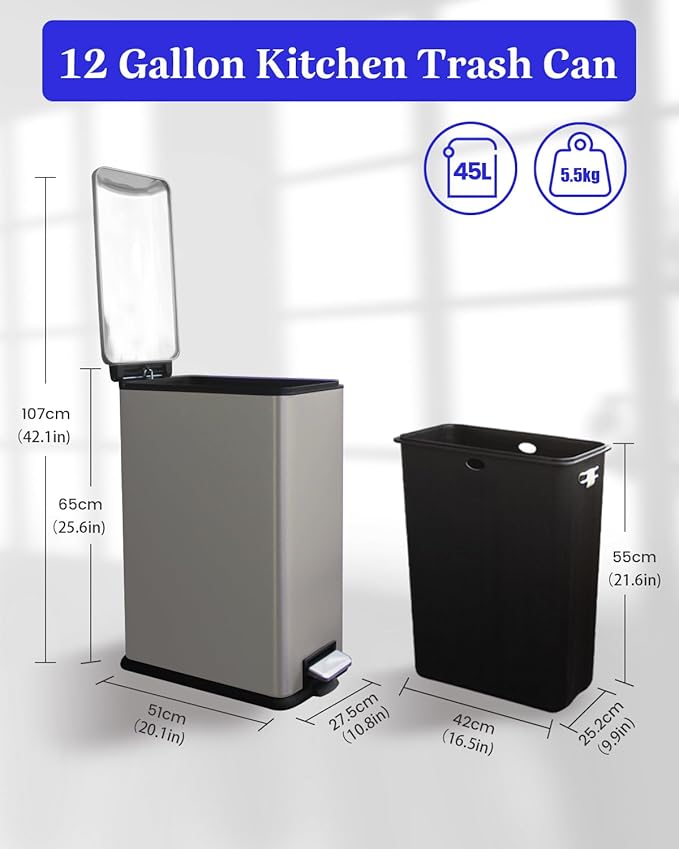 12 Gallon Slim Kitchen Trash Can, Stainless Steel Trash Can with Removal Inner Bucket and Soft-Close Lid, Pedal Garbage Can 45 Liter, Kohler Grey