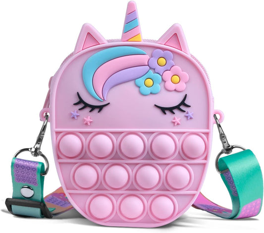 Pop Bag it, Fidget Bag, Pop Purse for Girl and Women Pop Bag with Unicorn Pop Toy, Anti Stress Silicone Poppet Bag Fidget Shoulder Bag, Best Gifts