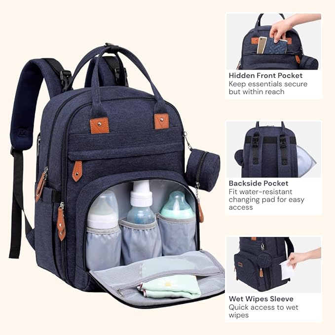 BabbleRoo Diaper Bag Backpack - Baby Essentials Travel Tote - Multi Function Water Resistant Diaper Bag, Travel Essentials Baby Bag with Changing Pad, Stroller Straps & Pacifier Case - Navy Blue