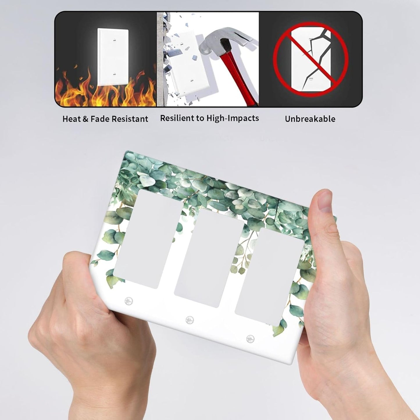 Decorative Outlet Covers Rustic Green Eucalyptus Leaves 3 Gang Wall Plate Triple Rocker Light Switch Cover Plate Jumbo Electrical GFCI Faceplate for Country Bedroom Home Decor