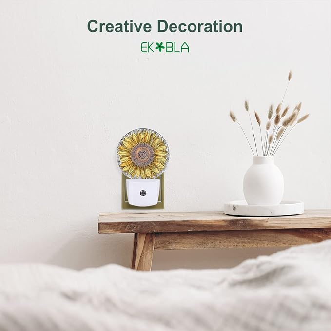EKOBLA Sunflower Night Lights Plug into Wall Boho Yellow Flower Plug-in Nightlights, Gifts for Women Mom Grandma, Dusk to Dawn Sensor LED Round Nightlight Home Decor