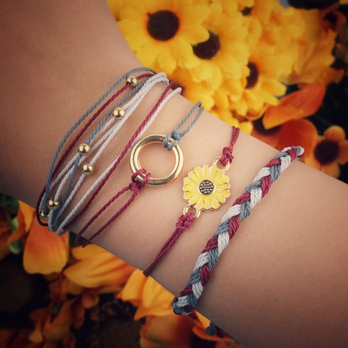 FANCY SHINY Sunflower String Bracelet Boho Braided Rope Wrap Bracelets Cute Summer Beach Surfer Jewelry for Women Christmas Gifts