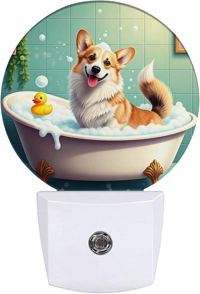 Funny Corgi Bathing Night Light Puppy Lover Night Lights LED Lamp Round Plug into Wall Nightlight with Dusk to Dawn Sensor Home Hallway Stairway Kitchen Decor