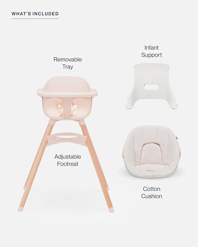 Lalo The High Chair Infant Kit - Convertible Wooden High Chair for Babies & Toddlers with Infant Support & Cushion, Grows with Your Child, Dishwasher Safe Tray, Adjustable Footrest Grapefruit