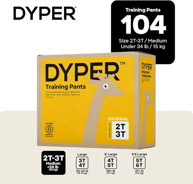 DYPER Toddler Potty Training Pants Girls & Boys Size 2T-3T, Honest Ingredients, Day & Overnight, Made with Plant-Based* Materials, Hypoallergenic for Sensitive Skin, Unscented